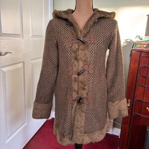 O.Z.O.C Faux Fur Trim Hooded Coat - Brown Toggle Jacket Size 38 (M)
